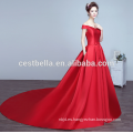 2017 satinado rojo hermoso vestido de noche con cola larga vestido de baile largo tren rojo